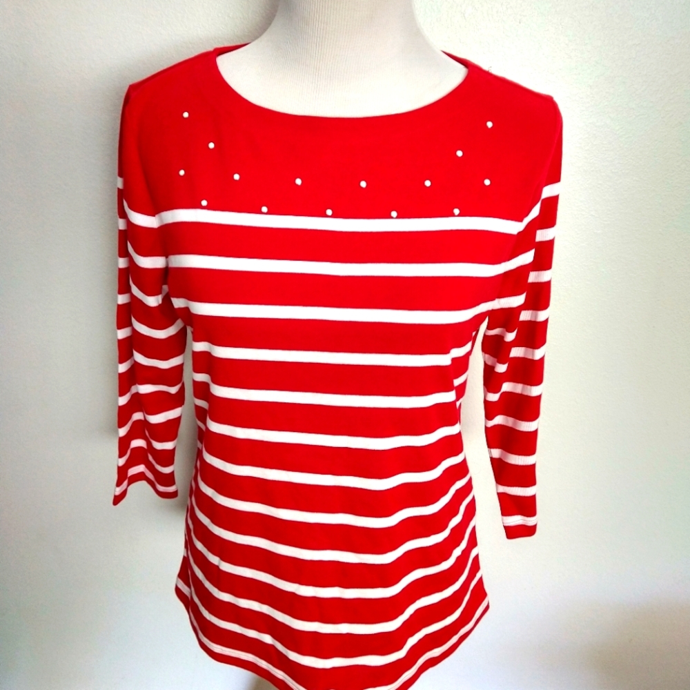 Karen Scott Womens Boat Neck Striped Studded Top 3/4 Sleeve Petite Large…